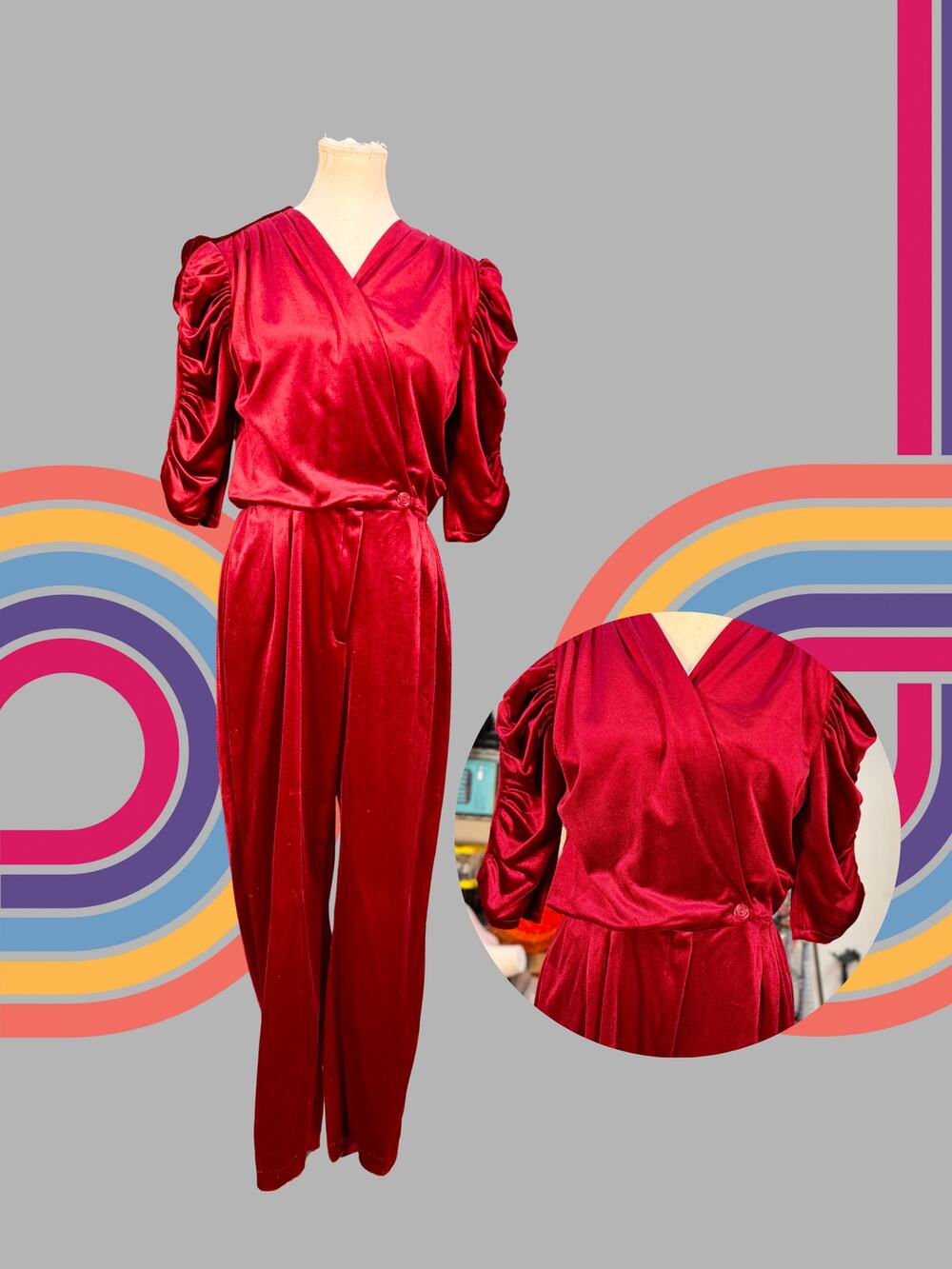 Vintage 80s Velour Red Disco Ruched Sleeve Wrap Bodice Trouser Jumpsuit 11